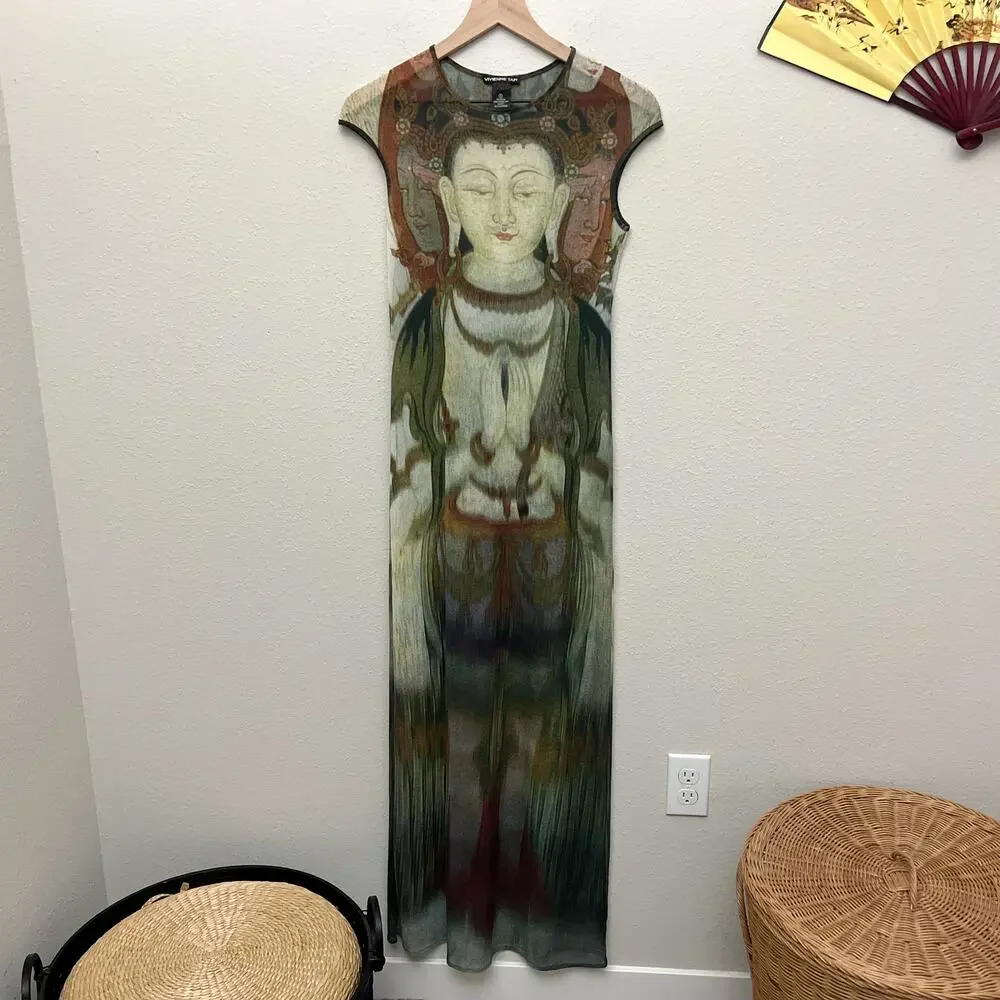 vintage 90s rare vivienne tam kuan yin buddha print mesh maxi dress - Picture 7 of 9